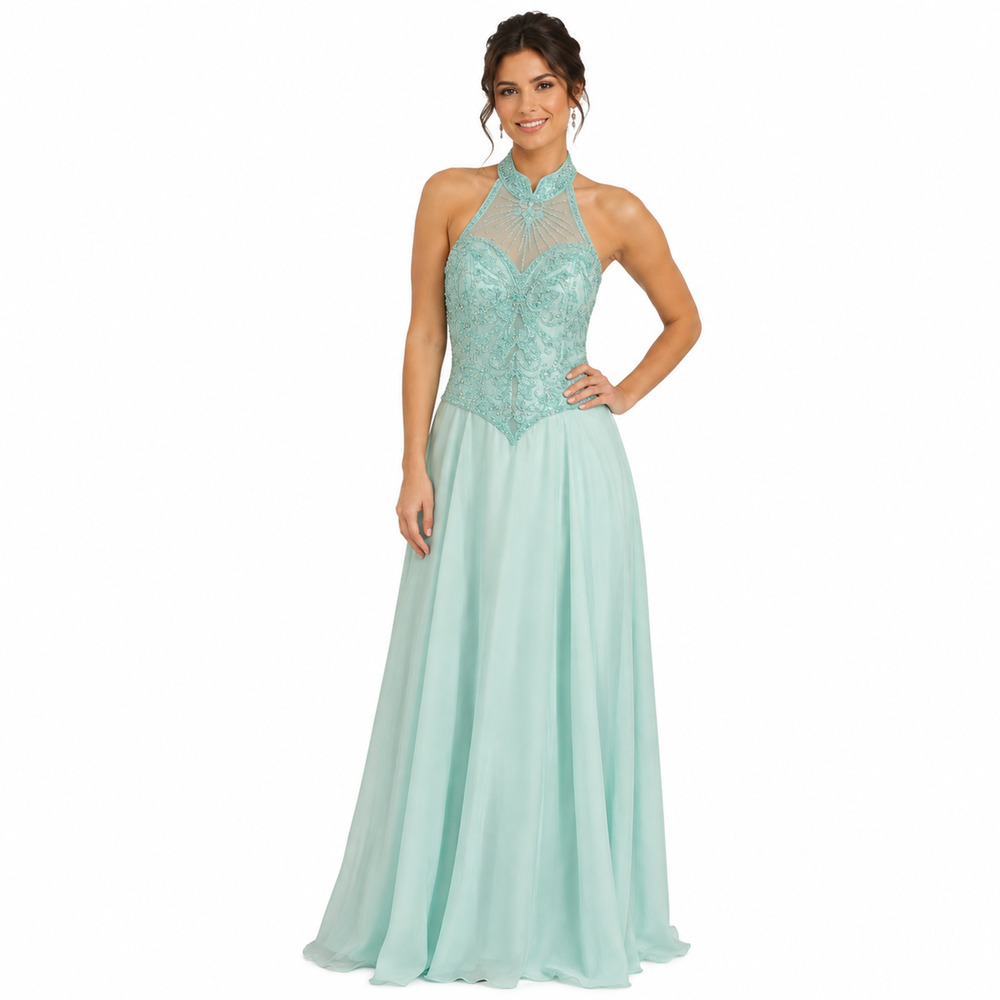 Alyce Designs Aqua Teal 100% Silk Beaded Halter Formal Pageant Gown Dress sz 8